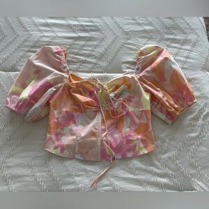 WAYF corset puffed sleeve watercolor print top M yellow pink green